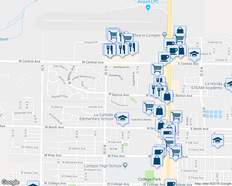 map of restaurants, bars, coffee shops, grocery stores, and more near 636 Southbrook Drive in Lompoc