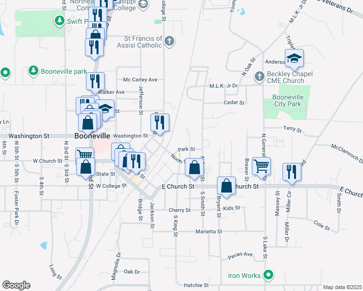 map of restaurants, bars, coffee shops, grocery stores, and more near 200 Park Street in Booneville