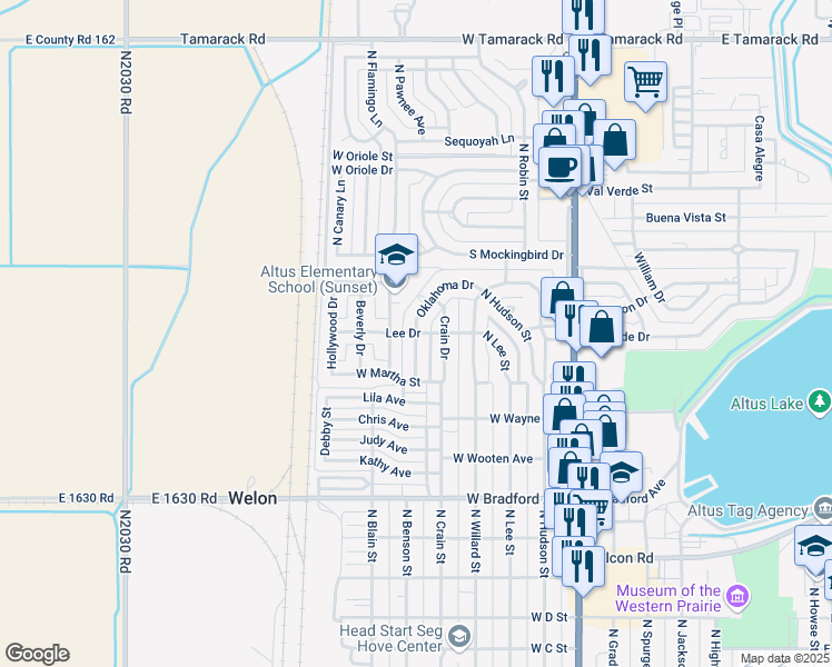 map of restaurants, bars, coffee shops, grocery stores, and more near 1798 North Oklahoma Drive in Altus
