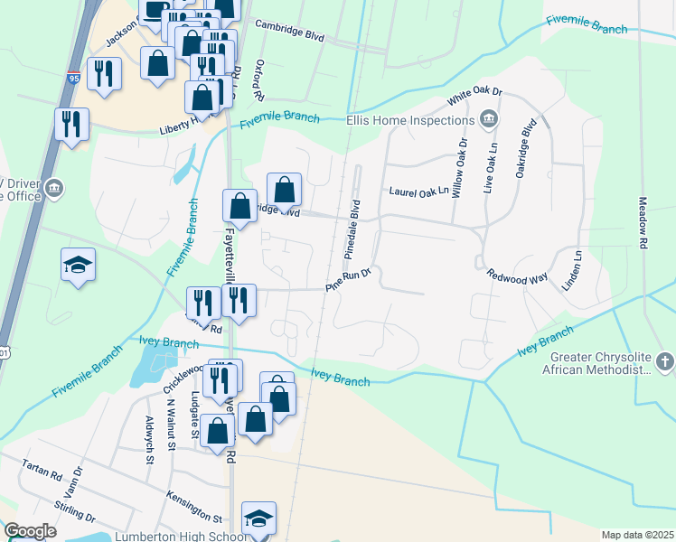 map of restaurants, bars, coffee shops, grocery stores, and more near 4809 Pinedale Boulevard in Lumberton