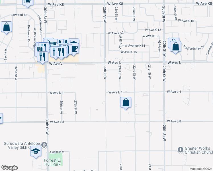 map of restaurants, bars, coffee shops, grocery stores, and more near 2 25th Street East in Lancaster