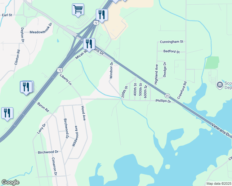 map of restaurants, bars, coffee shops, grocery stores, and more near 1612 Phillips Drive in Scottsboro
