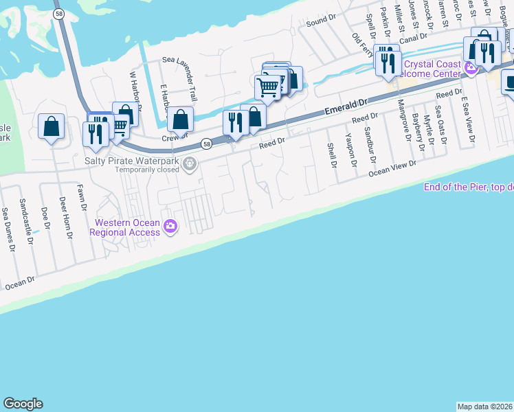 map of restaurants, bars, coffee shops, grocery stores, and more near 8801 Reed Drive in Emerald Isle