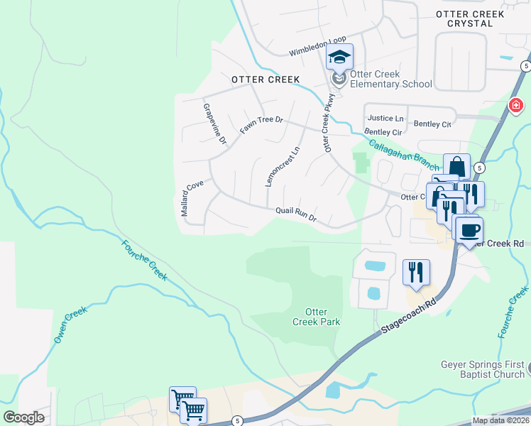 map of restaurants, bars, coffee shops, grocery stores, and more near 18001 Quail Run Drive in Little Rock