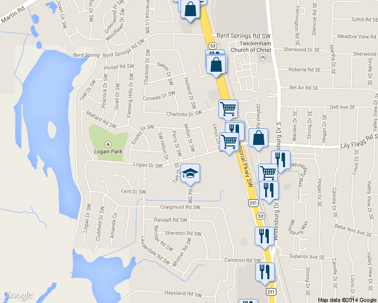 map of restaurants, bars, coffee shops, grocery stores, and more near 7816 Milton Street Southwest in Huntsville