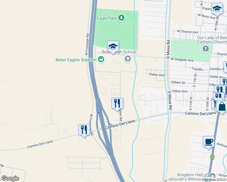 map of restaurants, bars, coffee shops, grocery stores, and more near 1928 Fellowship Way in Belen
