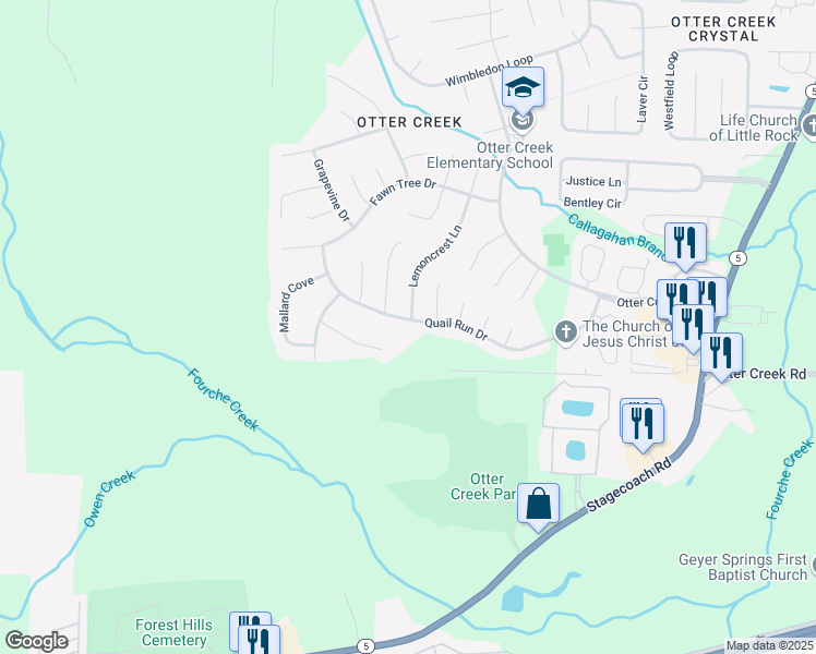 map of restaurants, bars, coffee shops, grocery stores, and more near 18001 Quail Run Drive in Little Rock