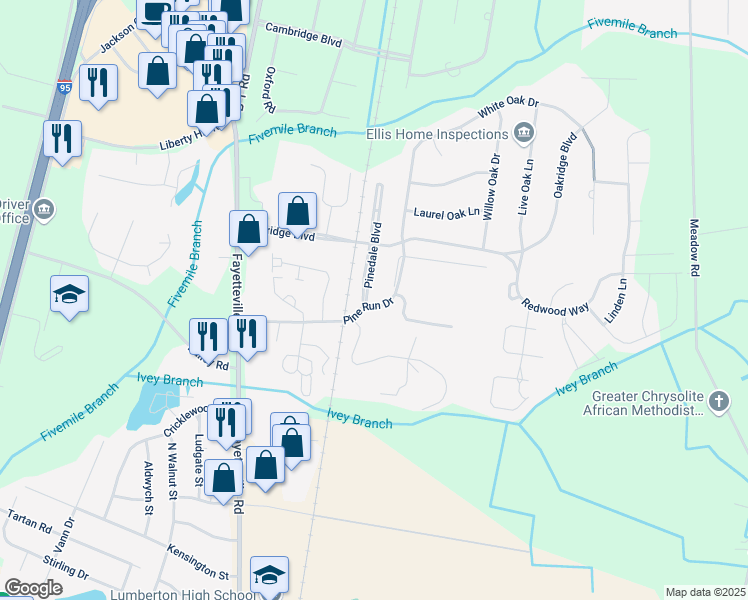 map of restaurants, bars, coffee shops, grocery stores, and more near 1005 Pine Run Drive in Lumberton