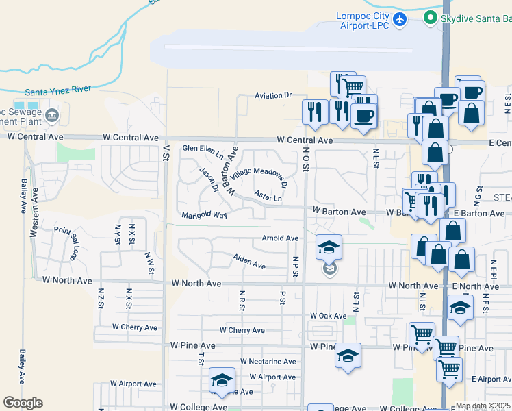 map of restaurants, bars, coffee shops, grocery stores, and more near 1116 Marigold Way in Lompoc