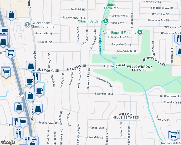 map of restaurants, bars, coffee shops, grocery stores, and more near 8203 Hickory Hill Lane Southeast in Huntsville