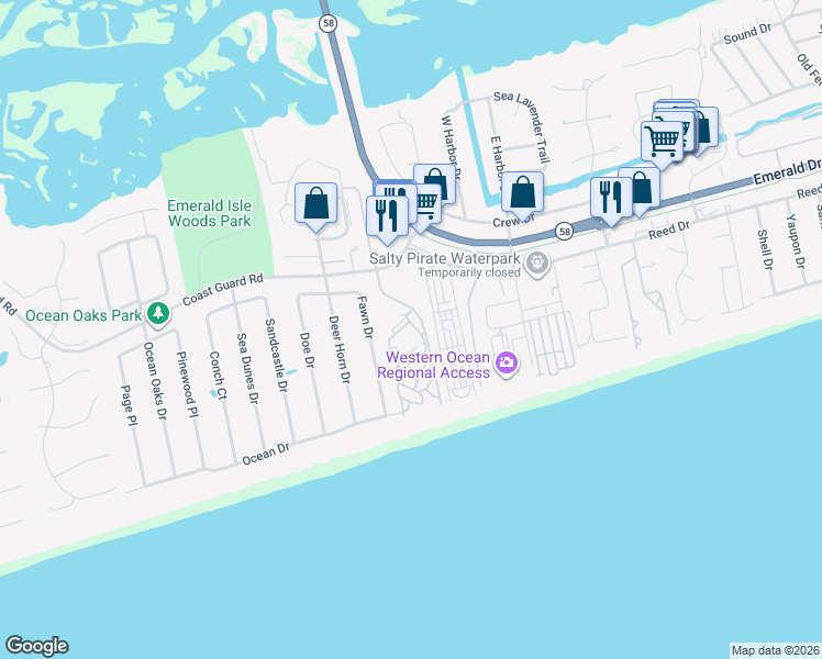 map of restaurants, bars, coffee shops, grocery stores, and more near 9102 Reed Drive in Emerald Isle