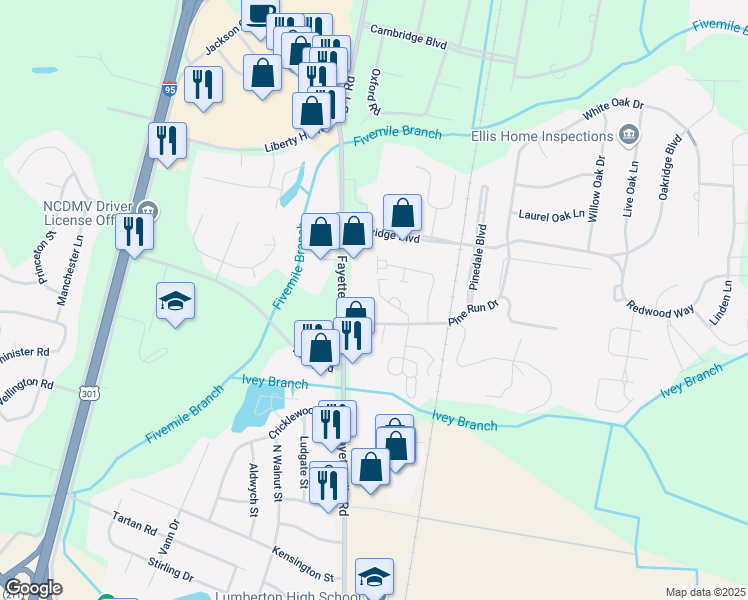 map of restaurants, bars, coffee shops, grocery stores, and more near 205 Charmant Road in Lumberton