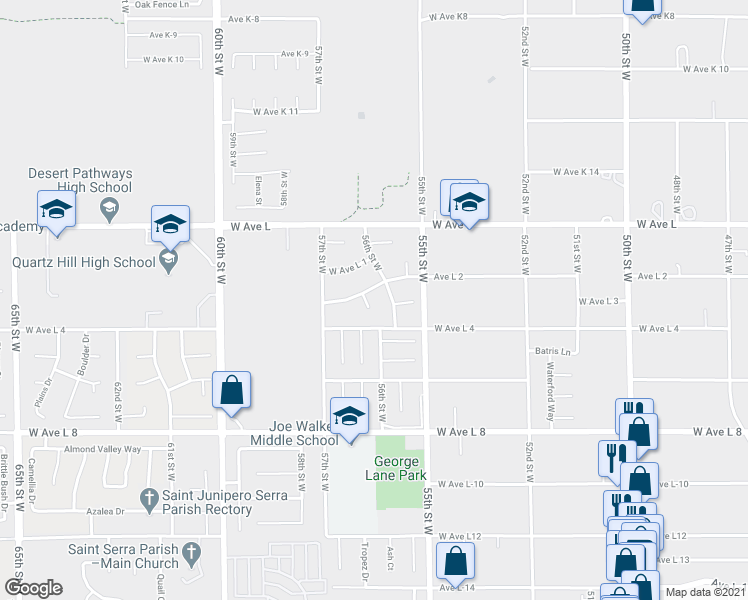 map of restaurants, bars, coffee shops, grocery stores, and more near 42662 Tempo Drive in Lancaster