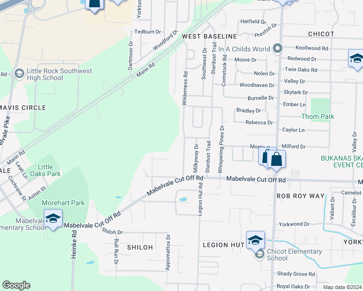 map of restaurants, bars, coffee shops, grocery stores, and more near 10212 Woodbridge Drive in Little Rock