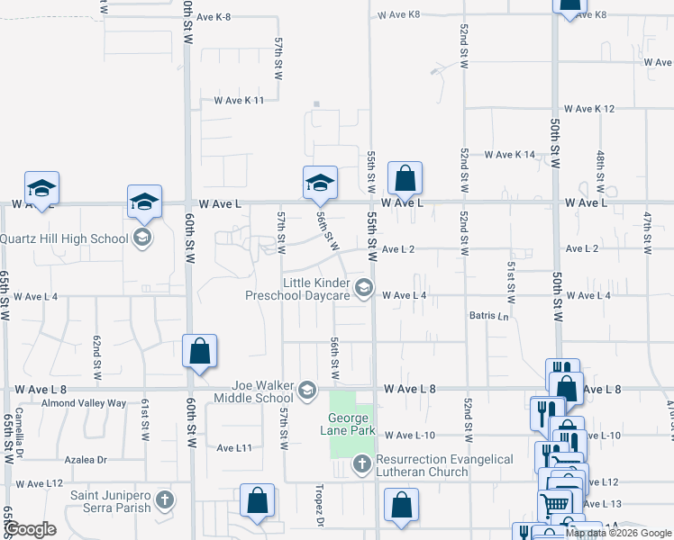 map of restaurants, bars, coffee shops, grocery stores, and more near 42635 56th Street West in Quartz Hill