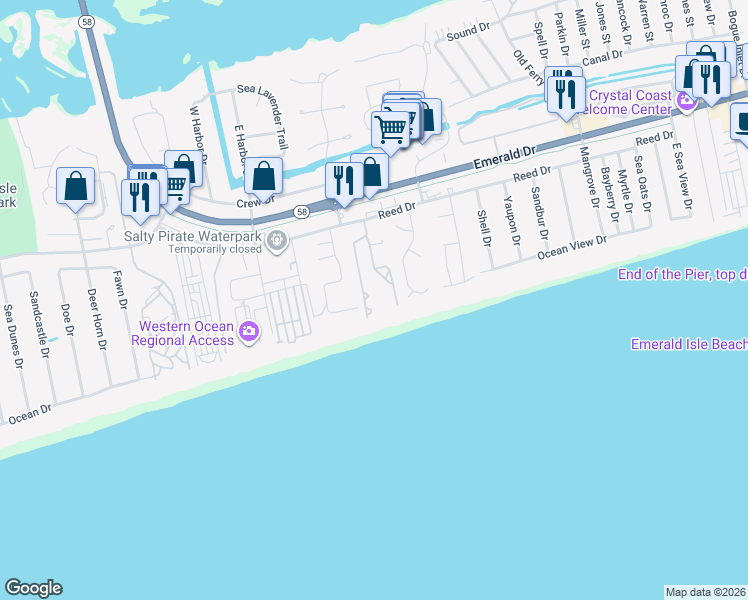 map of restaurants, bars, coffee shops, grocery stores, and more near 8801 Reed Drive in Emerald Isle