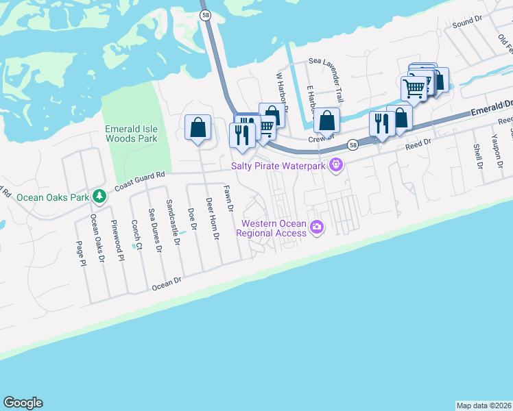 map of restaurants, bars, coffee shops, grocery stores, and more near 9102 Reed Drive in Emerald Isle
