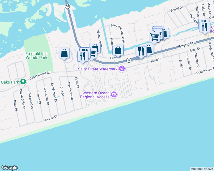 map of restaurants, bars, coffee shops, grocery stores, and more near 2733 Queens Court in Emerald Isle