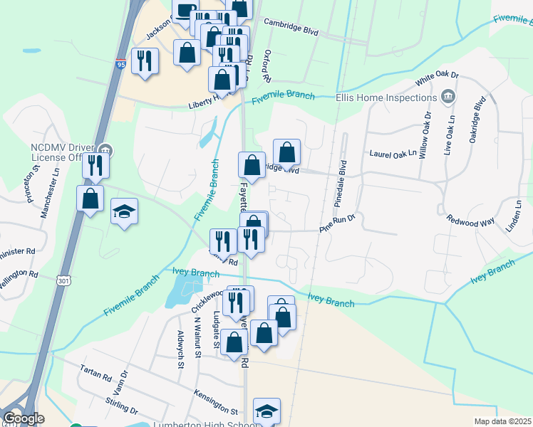 map of restaurants, bars, coffee shops, grocery stores, and more near 205 Charmant Road in Lumberton
