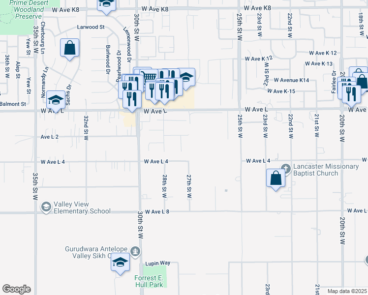 map of restaurants, bars, coffee shops, grocery stores, and more near 42636 Roadrunner Way in Lancaster