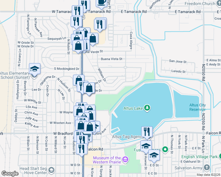 map of restaurants, bars, coffee shops, grocery stores, and more near 301 Lakeside Drive in Altus