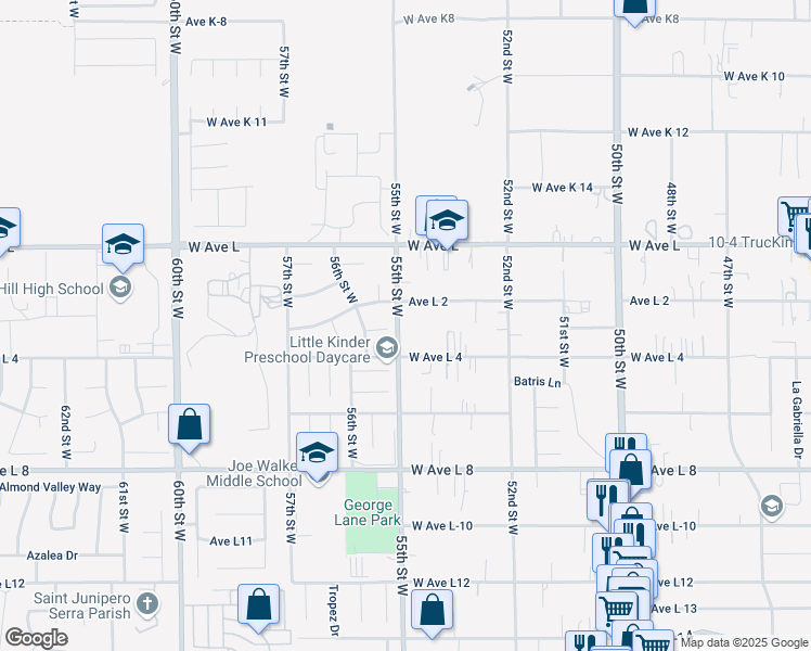map of restaurants, bars, coffee shops, grocery stores, and more near 42632 55th Street West in Quartz Hill