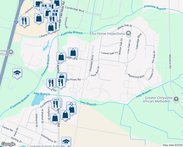map of restaurants, bars, coffee shops, grocery stores, and more near 1005 Pine Run Drive in Lumberton