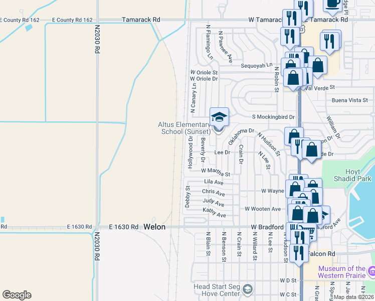 map of restaurants, bars, coffee shops, grocery stores, and more near 1801 Hollywood Drive in Altus