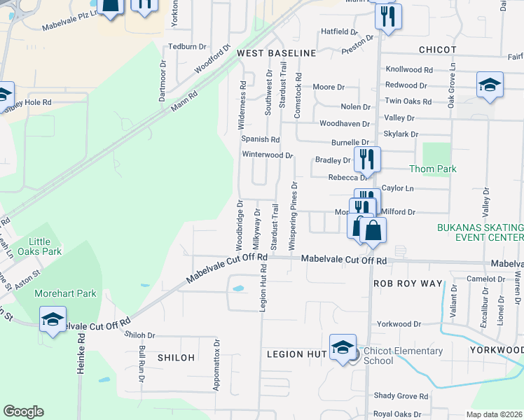 map of restaurants, bars, coffee shops, grocery stores, and more near 10205 Milkyway Drive in Little Rock