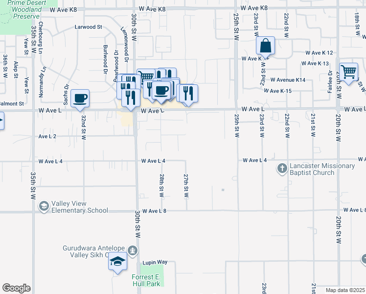map of restaurants, bars, coffee shops, grocery stores, and more near 42636 Roadrunner Way in Lancaster
