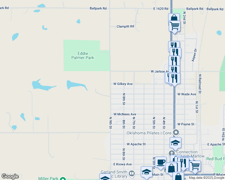 map of restaurants, bars, coffee shops, grocery stores, and more near 906 North 9th Street in Marlow