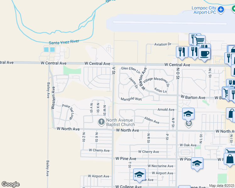 map of restaurants, bars, coffee shops, grocery stores, and more near 1428 Gloria Circle in Lompoc