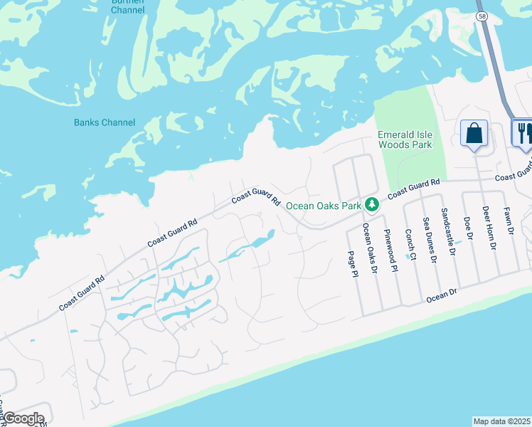 map of restaurants, bars, coffee shops, grocery stores, and more near 9906 Napoleon Court in Emerald Isle