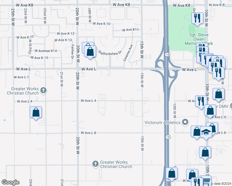 map of restaurants, bars, coffee shops, grocery stores, and more near 1641 West Avenue L4 in Lancaster