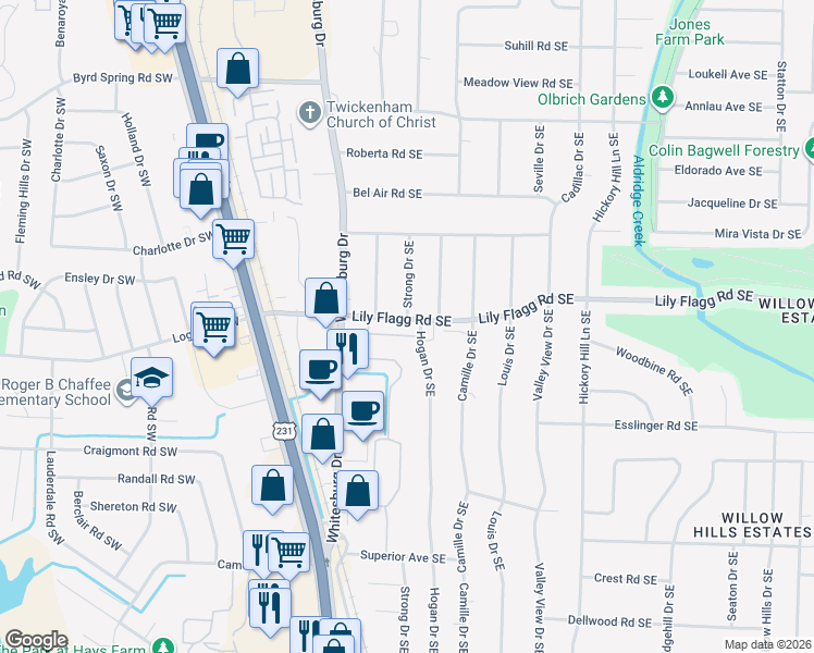 map of restaurants, bars, coffee shops, grocery stores, and more near 226 Lily Flagg Road Southeast in Huntsville