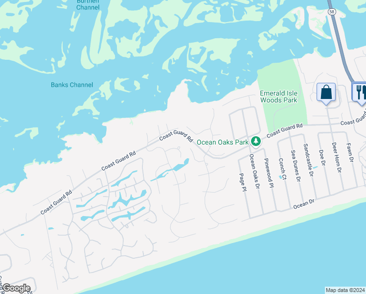map of restaurants, bars, coffee shops, grocery stores, and more near 9906 Napoleon Court in Emerald Isle