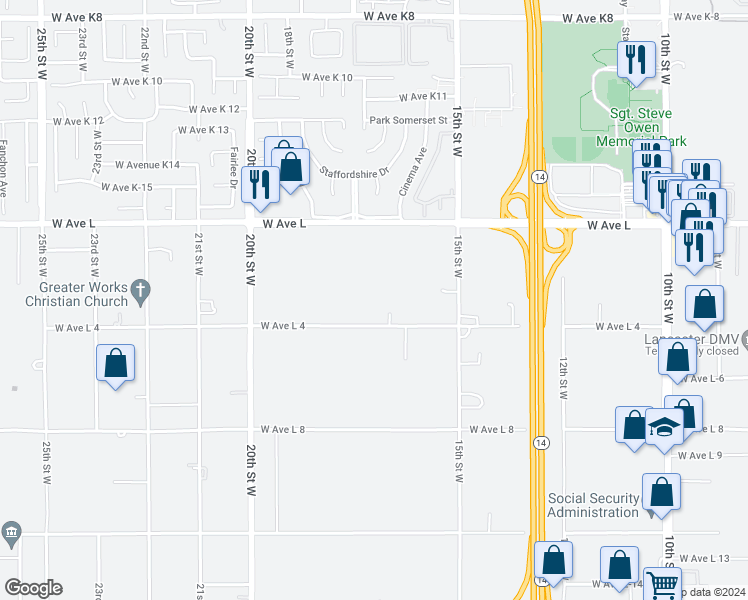 map of restaurants, bars, coffee shops, grocery stores, and more near 1641 West Avenue L4 in Lancaster