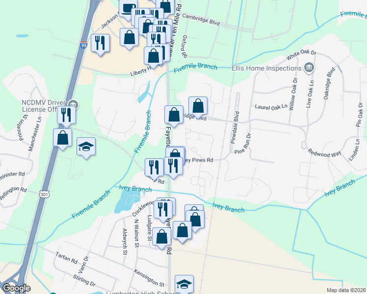 map of restaurants, bars, coffee shops, grocery stores, and more near 205 Charmant Road in Lumberton