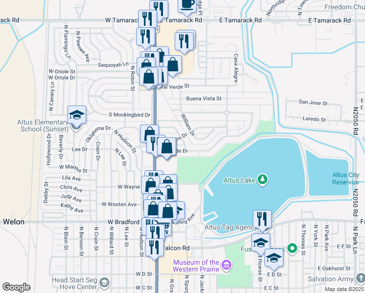 map of restaurants, bars, coffee shops, grocery stores, and more near 1901 Sumner Drive in Altus