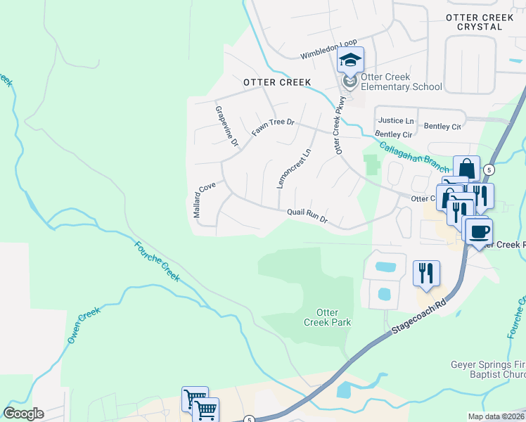 map of restaurants, bars, coffee shops, grocery stores, and more near 19019 Quail Run Drive in Little Rock