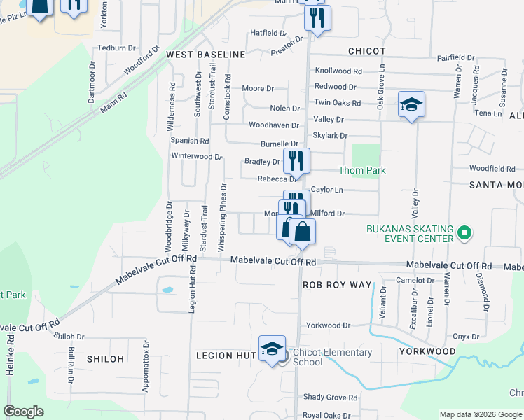 map of restaurants, bars, coffee shops, grocery stores, and more near 7806 Morris Drive in Little Rock