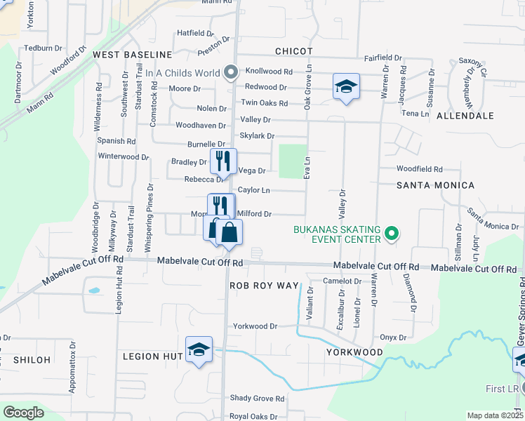 map of restaurants, bars, coffee shops, grocery stores, and more near 7326 Milford Drive in Little Rock