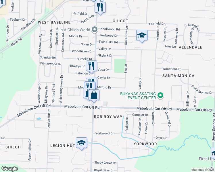 map of restaurants, bars, coffee shops, grocery stores, and more near 7326 Milford Drive in Little Rock