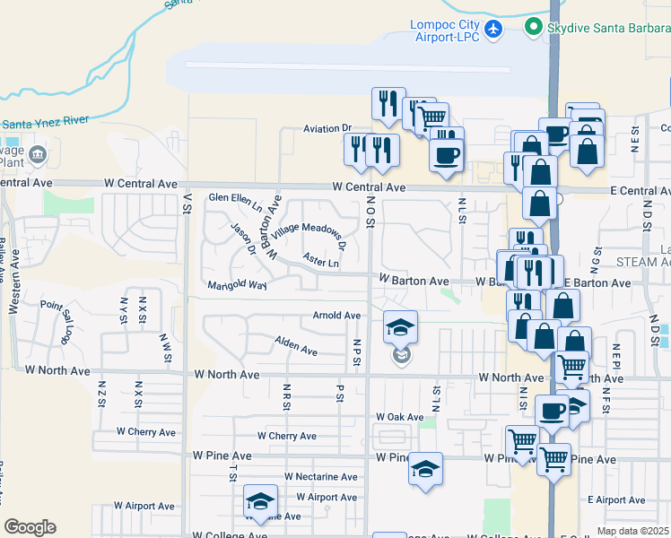 map of restaurants, bars, coffee shops, grocery stores, and more near 904 Aster Lane in Lompoc