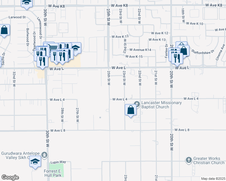 map of restaurants, bars, coffee shops, grocery stores, and more near 42634 25th Street West in Lancaster