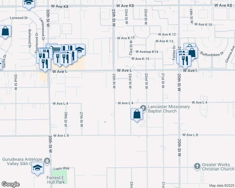 map of restaurants, bars, coffee shops, grocery stores, and more near 42634 25th Street West in Lancaster