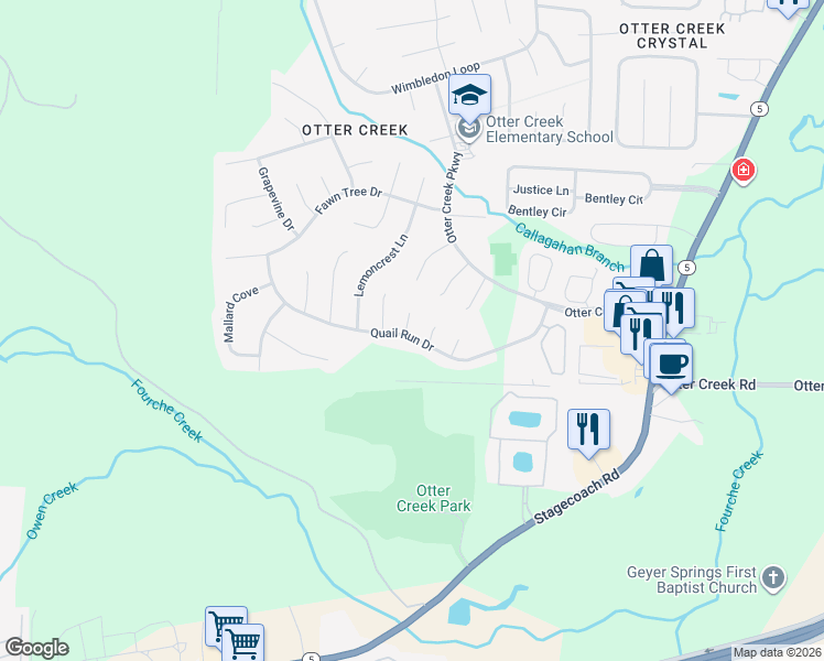 map of restaurants, bars, coffee shops, grocery stores, and more near 16018 Quail Run Drive in Little Rock