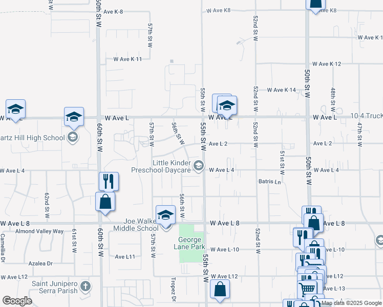 map of restaurants, bars, coffee shops, grocery stores, and more near 5517 Harmony Lane in Lancaster