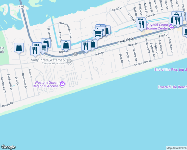map of restaurants, bars, coffee shops, grocery stores, and more near 8801 Reed Drive in Emerald Isle