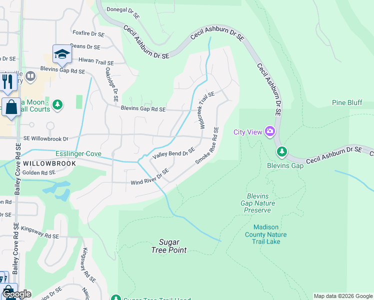 map of restaurants, bars, coffee shops, grocery stores, and more near 7809 Valley Bend Drive Southeast in Huntsville